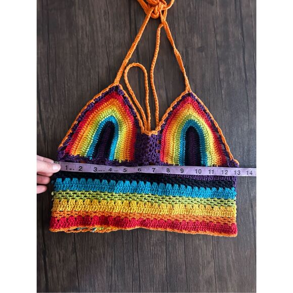 Multicolored Rainbow Halter Cropped Top Size S Hand made Y2K Retro Hippie - Picture 7 of 7